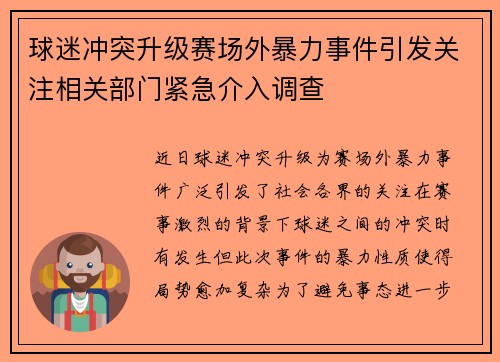 球迷冲突升级赛场外暴力事件引发关注相关部门紧急介入调查